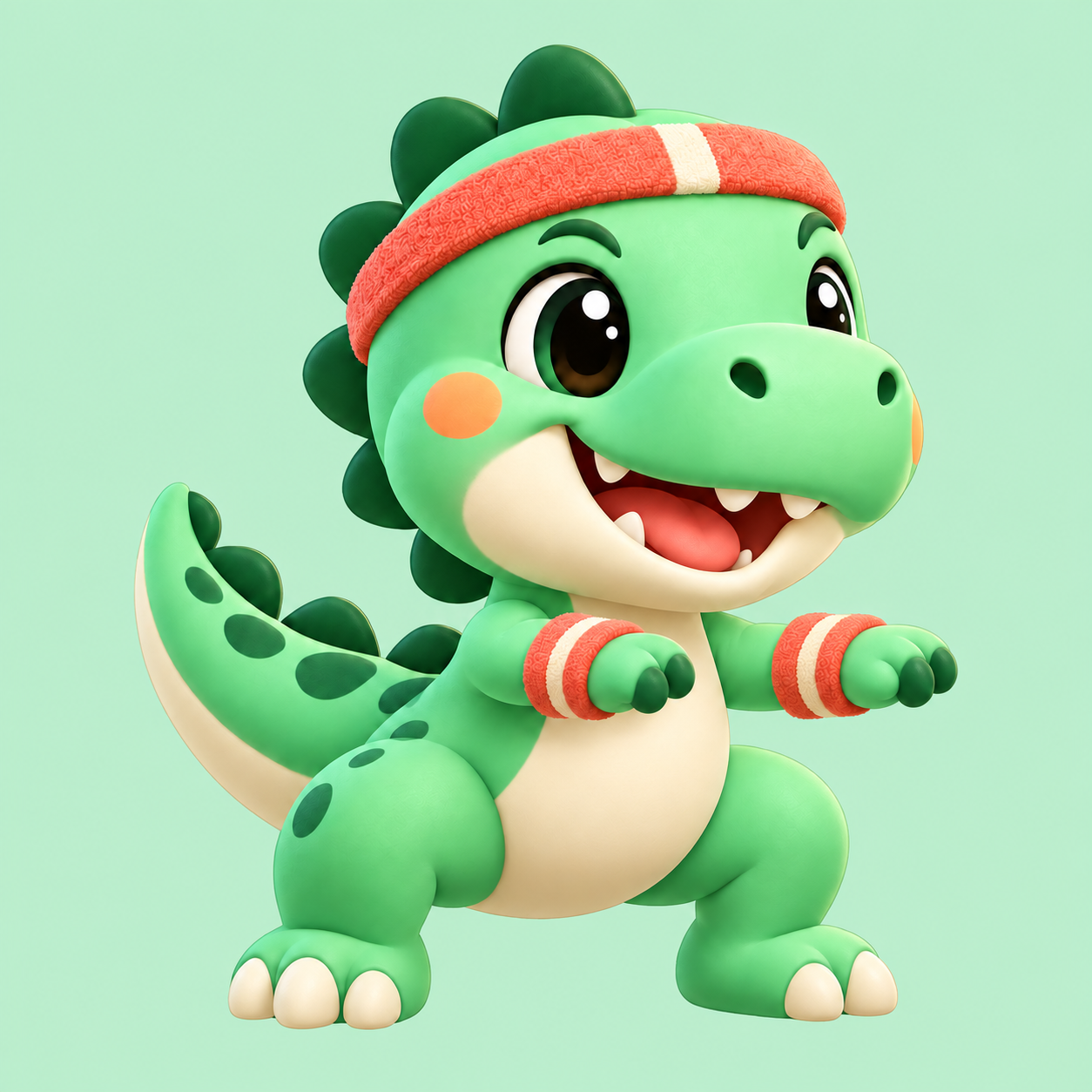 Pip, a cheerful green dino squatting in a coral headband